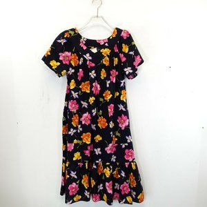 GRANADA Black Shift Dress SMALL Floral Pink Midi Tropical Hibiscus Hawaiian